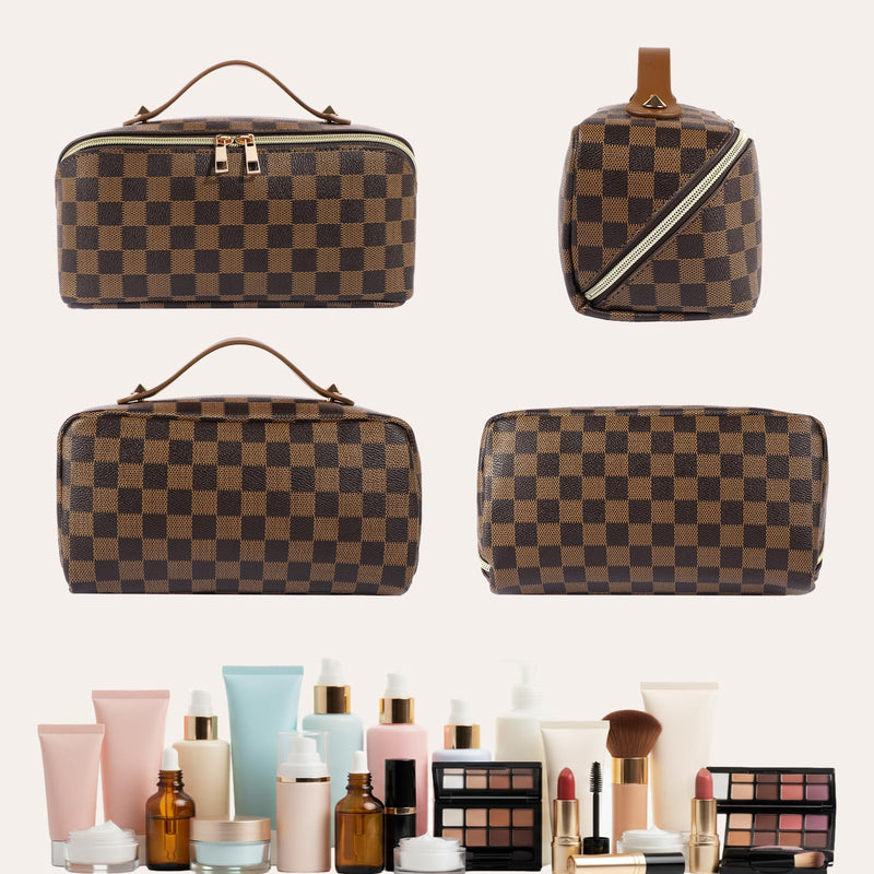 Leather Travel Makeup Bag, Large Capacity Cosmetic Bag for Women, Waterproof Portable Pouch with Divider, Toiletry Organizer with Handle, 10.5x5x5 Inches, Deep Brown