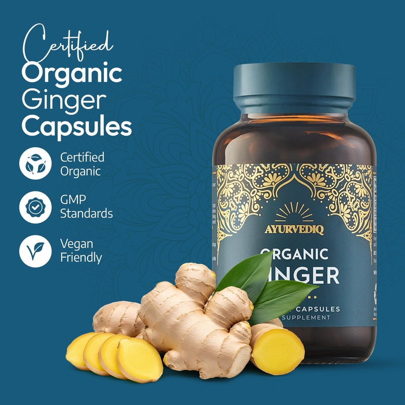 Ayurvediq Organic Ginger Root Capsules 600mg 100% Soil Association Organic Ginger Supplements High Strength Formula - Health and Wellbeing Supplements for Digestive Relief, Anti Inflammatory, 60 caps 60 count (Pack of 1)