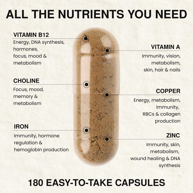 100% Grass Fed Beef Organ Supplements (Liver, Heart, Kidney), 180 x 500mg, Desiccated Beef Organs Capsules - Pasture Raised, High Protein - Ancestral Nutrition - UK Made, No GMO, Hormones, Antibiotics 1