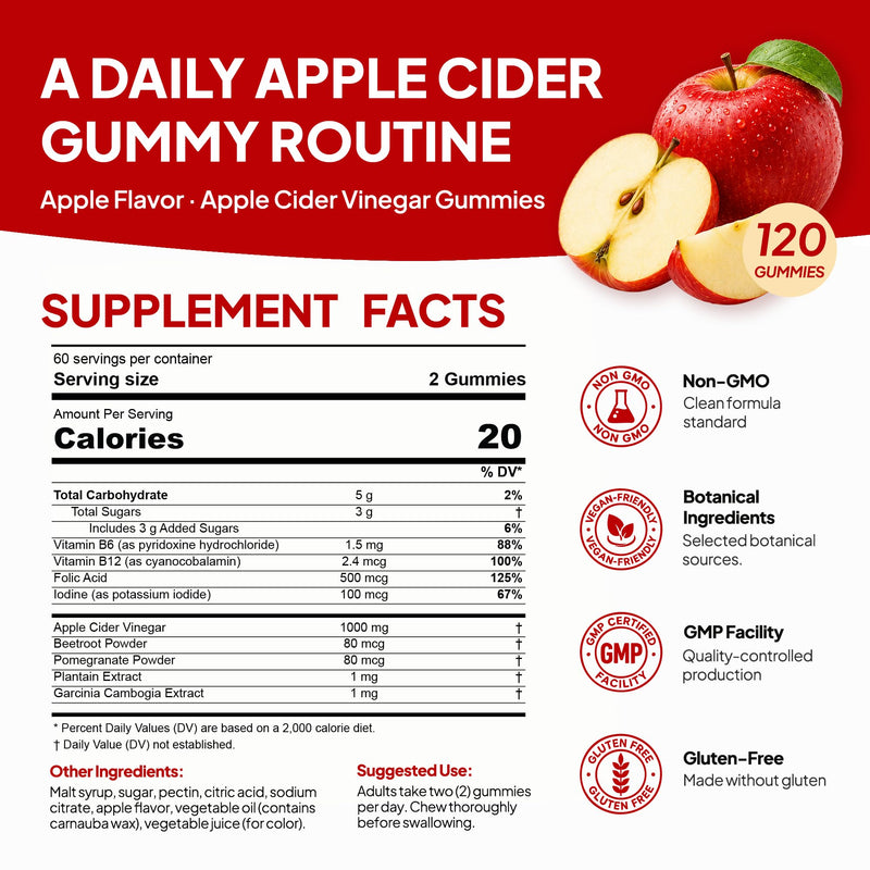 Nature's Key Apple Cider Vinegar Gummies -1000mg ACV Gummies Apple Cider with b12|Folic Acid|Vitamin B6|B12 |Beetroot |Pomegranate|Superfood|, Vegan, Non-GMO, Gluten Free 120 Count (Pack of 1)