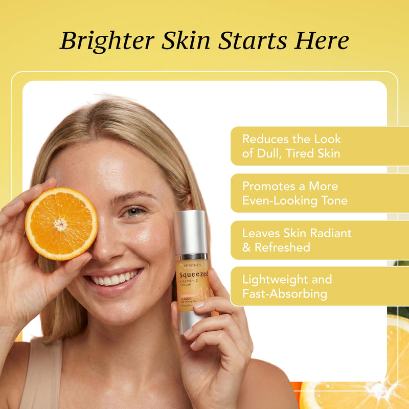 Peaches Skin Care Vitamin C Serum with Kakadu Plum and CoQ10, 1 fl oz | Lightweight hydrating serum with vitamin C, Kakadu plum, gold and CoQ10 for a smooth, radiant-looking complexion.