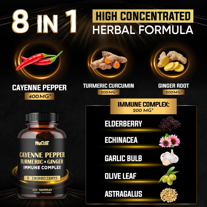 [Australia] - 210 Pills - Cayenne Pepper Capsules Organic with Turmeric, Ginger, Immune Support Complex as Elderberry, Echinacea, Garlic Bulb - Digestion, Heart Health & Body Management 
