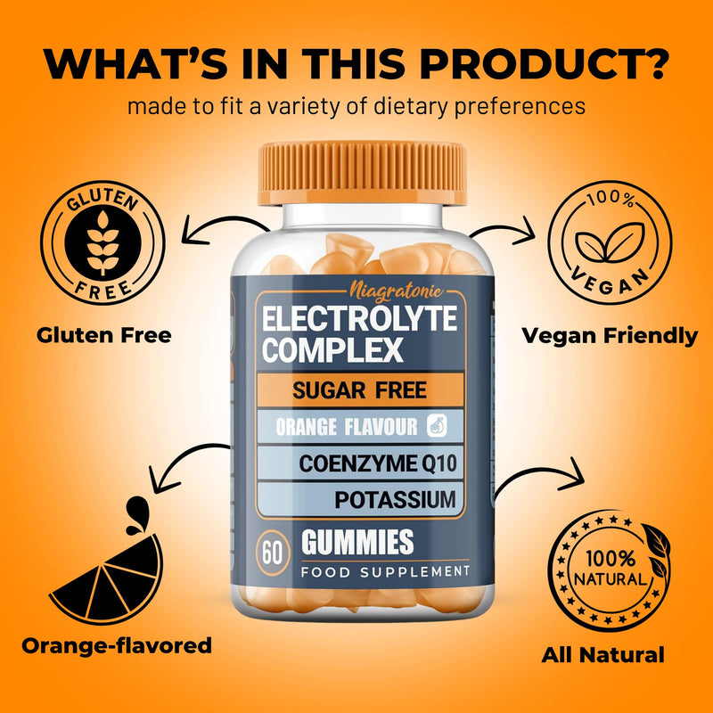 Electrolyte Gummies with Potassium & Magnesium | 60 Sugar Free Vegan Gummies | Orange Flavour | with Zinc, Calcium, Vitamin D3 & CoQ10 | 30 Day Supply