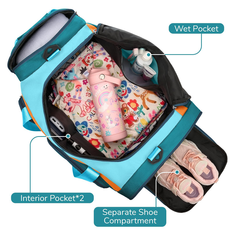 WOOMADA Kids Travel Bag with Shoe & Wet Pockets, Carry On Duffle Bag(green blue) green blue