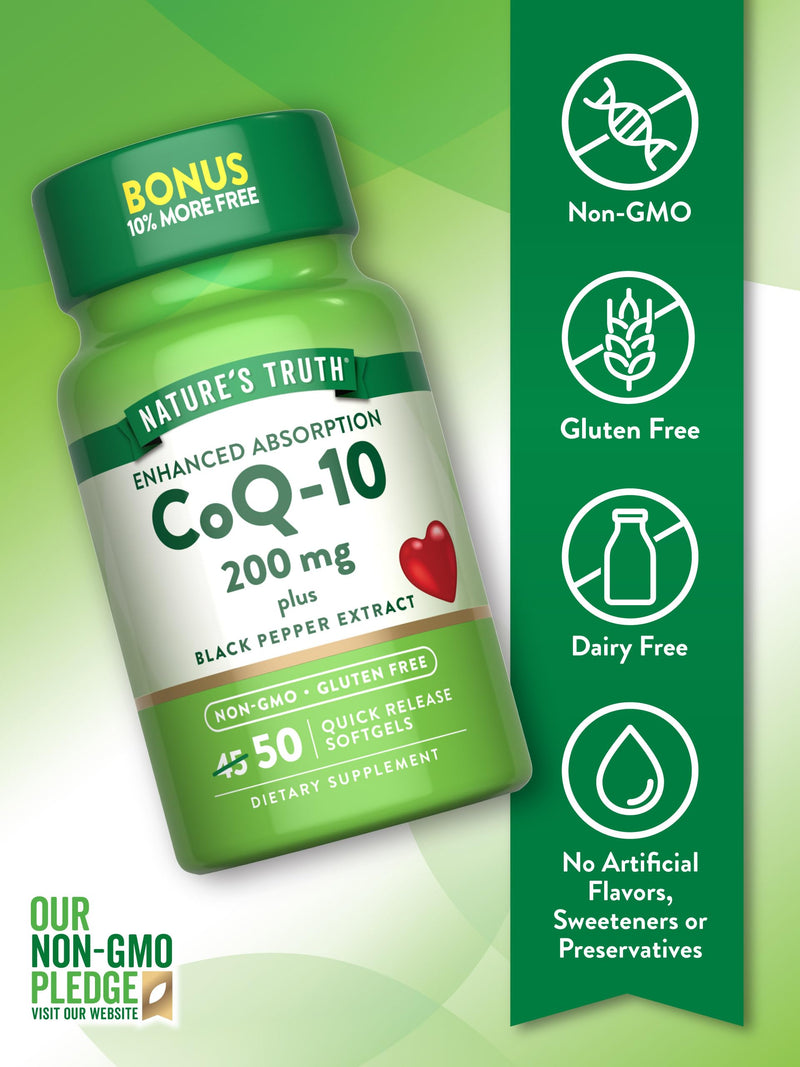 Nature's Truth CoQ10 200mg Softgels | 50 Count | Enhanced Absorption Supplement | Plus Black Pepper Extract | Non-GMO, Gluten Free 50 Count (Pack of 1)