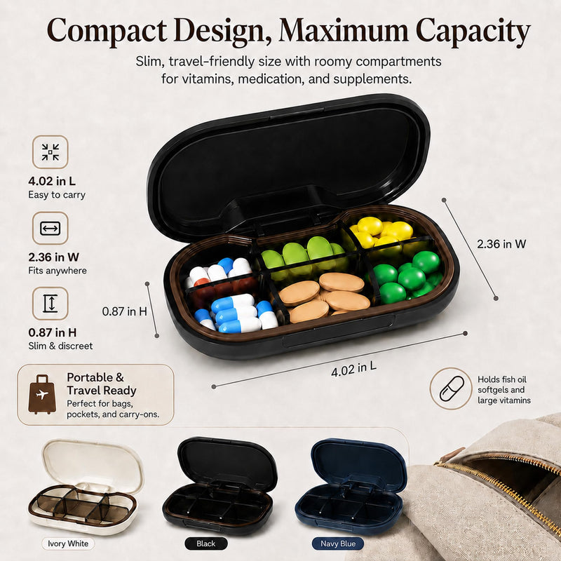 HyJeryty 6-Compartment Pill Organizer - Small Compact Travel Pill Case for Vitamins, Medication and Supplements - Portable Black Medicine Pill Box with Stylish Design Compact Black