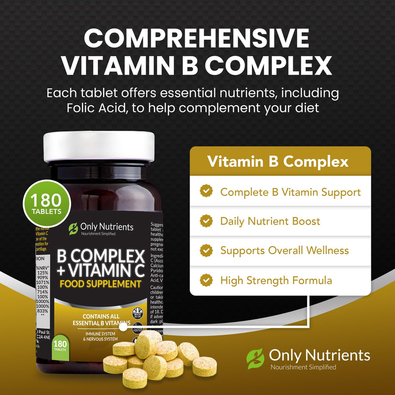 B Complex + Vitamin C Tablets Supplement, Comprehensive Vitamin B Complex, High-Strength Energy, Nervous & Immune System Support with Biotin, 180 Multivitamin Tablets for Women/Men