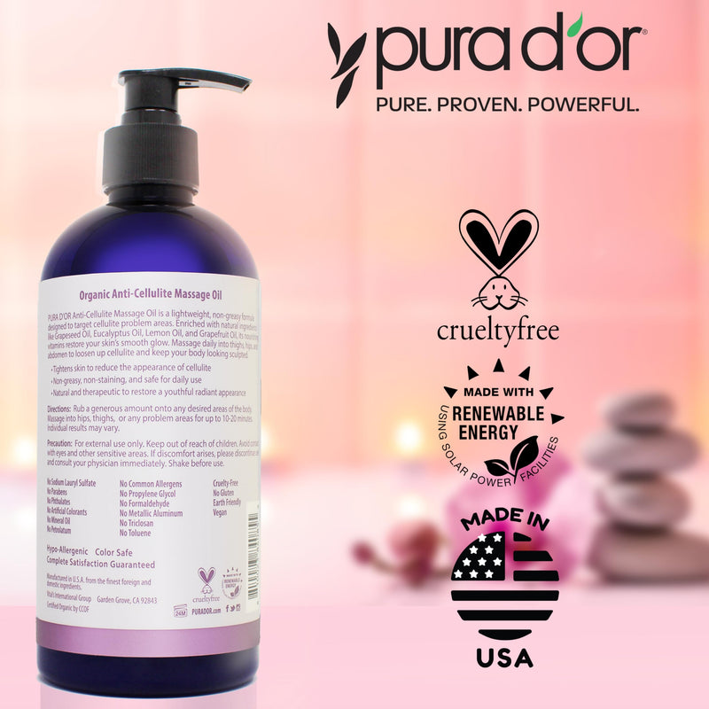 [Australia] - PURA D’OR 16 Oz Organic Anti-Cellulite Massage Oil for Toned Legs and Butt - Lemon Peel Oil, Moringa Oil, Grape Seed Oil, Grapefruit Oil & Eucalyptus Oil - Skin Firming & Tightening 