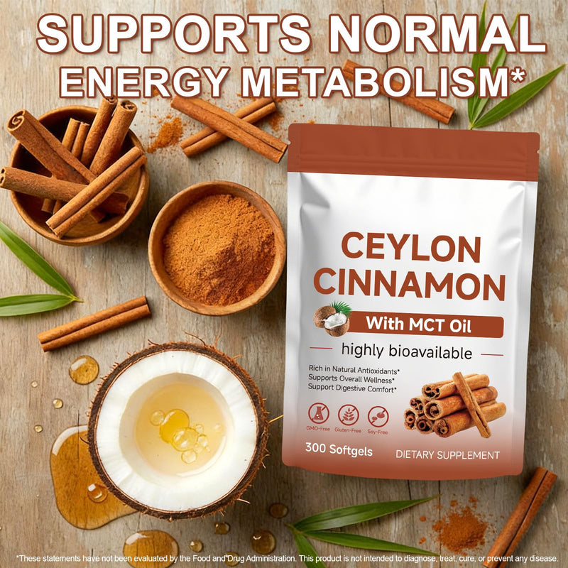 Ceylon Cinnamon Softgels with MCT Oil, Daily Wellness Supplement, Non-GMO & Gluten Free, 300 Softgels