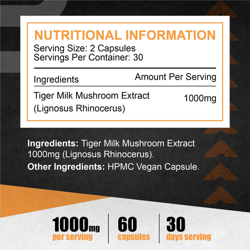 Tiger Milk Mushroom Capsules 1000mg - High Strength | 60 Capsules | Natural Adaptogen for Immunity & Respiratory Health | Supports Daily Wellness & Vitality | 1 Month Supply, 2 a Day 60 count (Pack of 1)