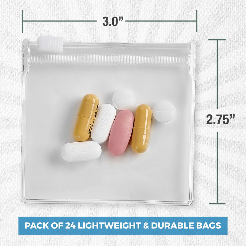 Zippered Pill Pouch Bags - 24 Pcs, Slide Lock Clear Plastic Mini Bags, BPA-Free for Pills Vitamins, Supplements, Medications, Jewelry, Crafts, Small Objects - Self-Sealing, Reusable, Travel-Friendly