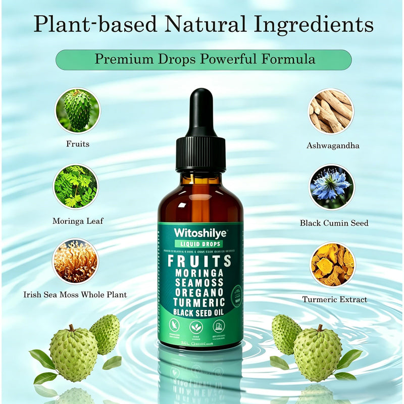Bitters Liquid Drops, with Sea Moss, Moringa, Turmeric, Black Seed Oil, Ashwagandha, Oregano, 100% Pure Herbal Extracts for Overall Health-Enhancing, 60ml