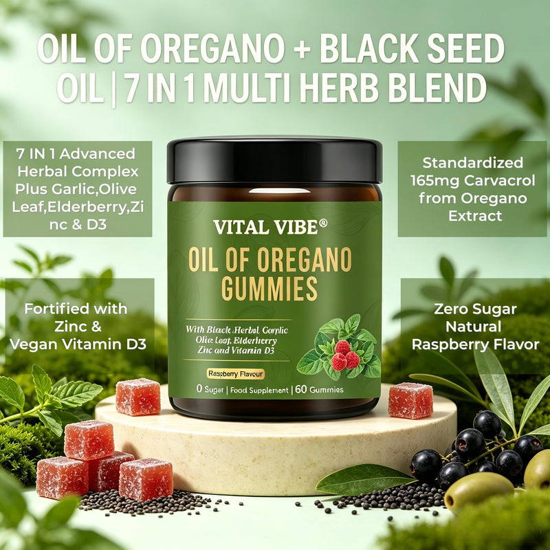 Herb Oregano Oil with Black Seed Oil Gummies | 6-in-1 Oregano Oil Supplement with Garlic, Elderberry & Vitamin D3 | Carvacrol + Thymoquinone | Immune Support & Gut Health | Sugar-Free, 60 Chewable