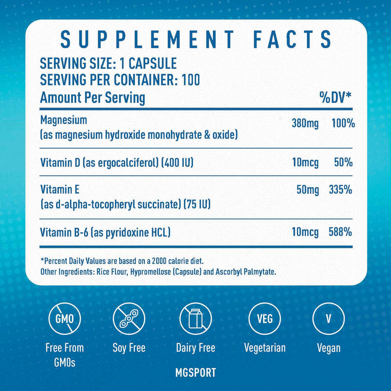 Magnesium Supplement Complex MGSPORT - High Absorption with Vitamins B6, D, E - Relieves Leg Cramps, Muscle Support & tensed Muscles 100 Servings 100 count (Pack of 1)