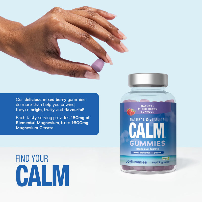 Magnesium Citrate Gummies 1600mg | 180mg of Elemental Magnesium | High Strength Calm Magnesium Supplement for Women & Men | Vegan | Natural Mixed Berry Flavour | 60 Count | Natural Vitality