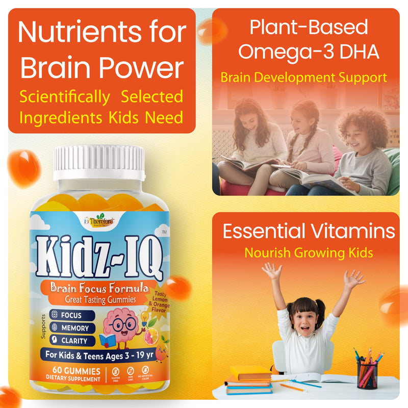Kidz IQ Omega 3 for Kids, Focus Supplement for Kids, DHA Focus Gummies for Teens, Brain Supplements for Memory, Attention and Concentration Support, Orange Flavor, Non-GMO, Gluten-Free, 60 Gummies