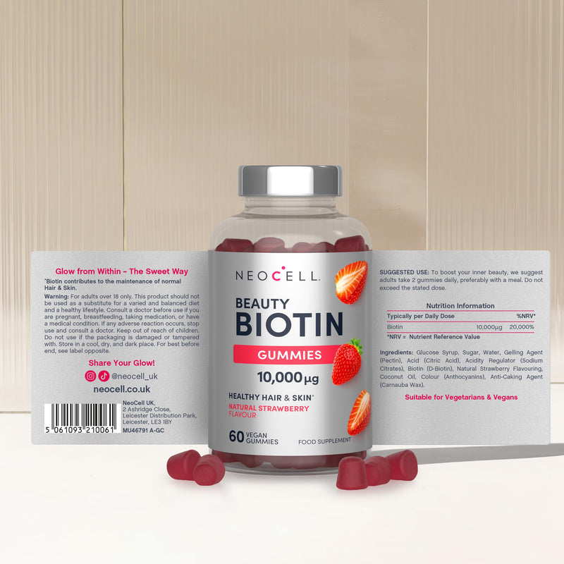 Biotin Gummies 10,000 mcg | High Strength Vegan Biotin Supplement | Vitamin B7 | 60 Strawberry Flavour Gummies | NeoCell