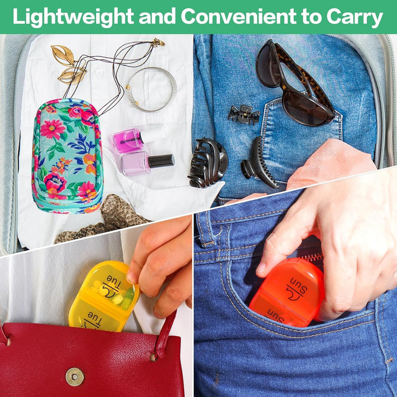 Serfeymi Weekly Travel Pill Organizer 2 Times a Day AM PM Rainbow Pill Box | Medicine Organizer with Portable Zipper PU Leather Pill Case,Pill Organizer 7 Day for Vitamins, Supplements，Pills - Green 01 B Pu Green 01 1 Set PU Case