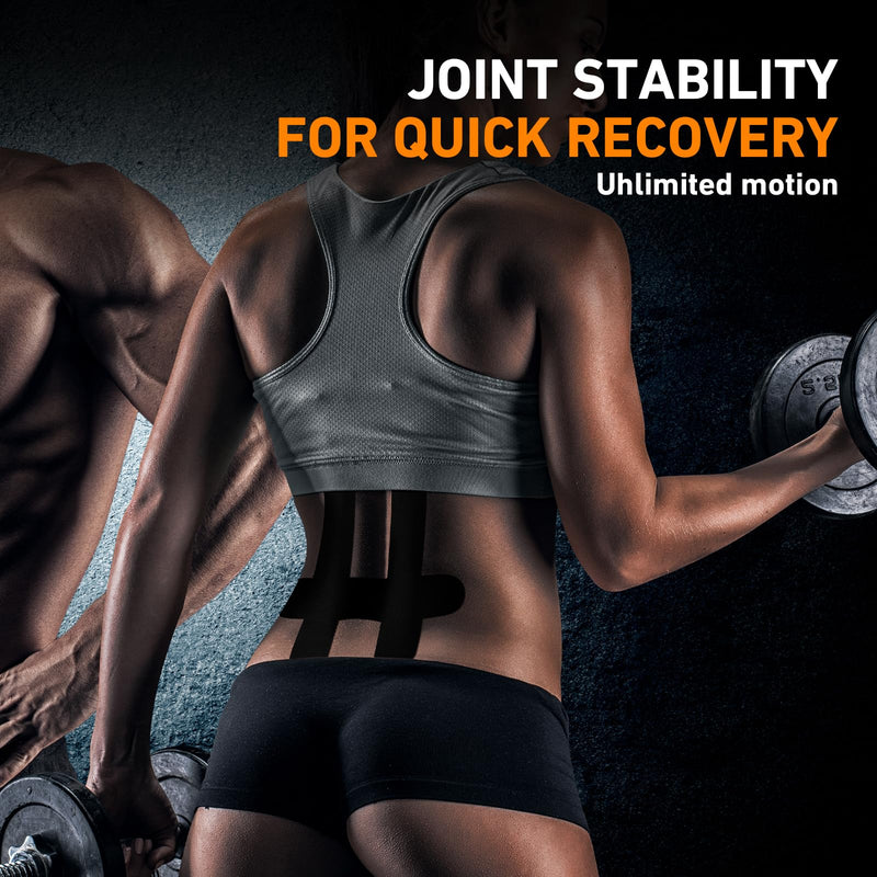 PreCut Kinesiology Tape for Lower Back, 12PCS Kinesiology Tape Precut for Lower Back, KTQUICK Original Cotton Waterproof&Breathable Latex-Free, Enhance Elastic Athletic Tape for Support Muscle(Black) Black