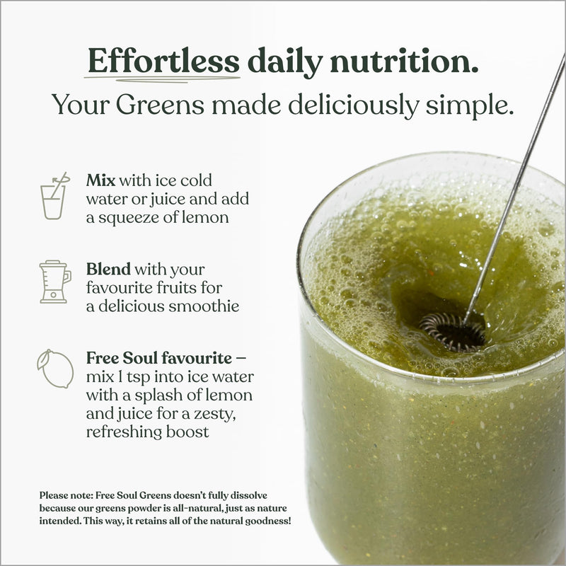 Free Soul Greens | 21 Advanced Greens, Superfoods, and Adaptogens Including KSM-66 Ashwagandha, Vegan & Gluten-Free, Advanced Natural Formula | UK Made | 30 Servings | Mango Flavour