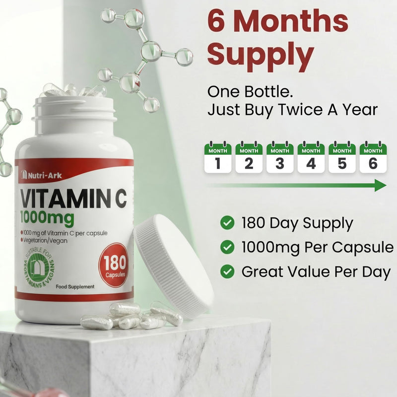 Vitamin C 1000mg | 180 Capsules (6 Month Supply) | High Strength Ascorbic Acid | Vegan & Vegetarian Friendly | Manufactured in the UK