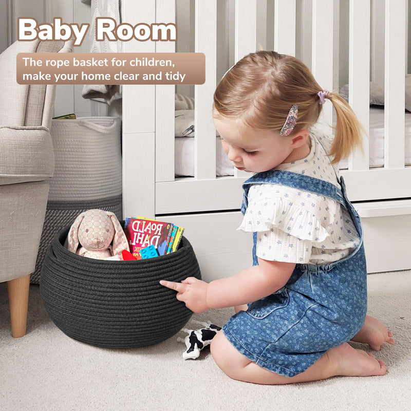 [Australia] - Goodpick Small Rope Storage Basket, Black Round Baskets for Socks, Dog Toys, Towels, Cute Baby Basket for Living Room, Bedroom, Nursery, Towel Baskets for Bathroom, 10 x 8.3 inches 