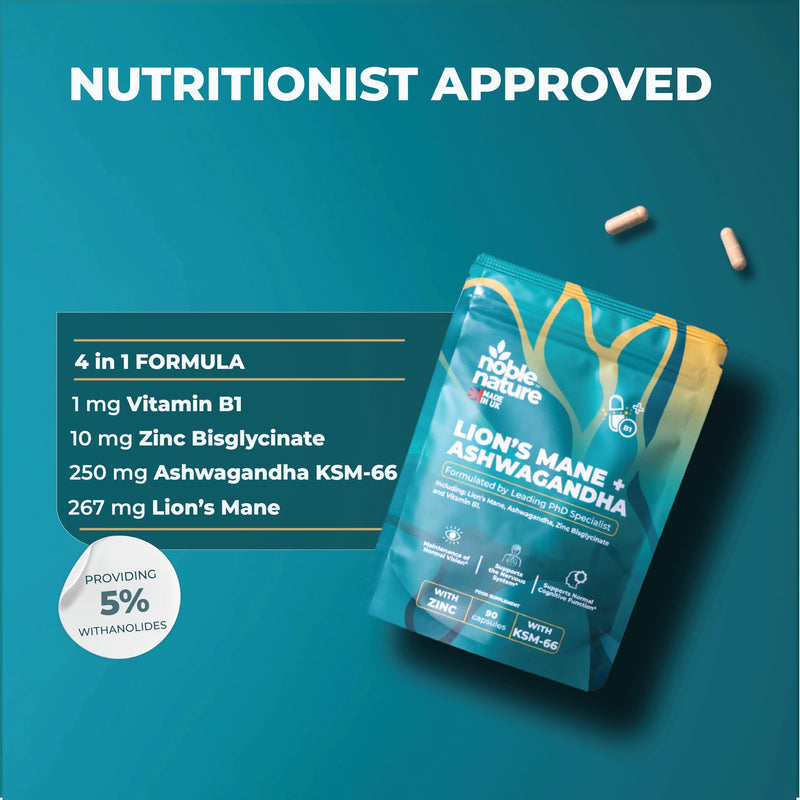 Ashwagandha KSM-66 & Lion’s Mane 7000mg – High Strength 4-in-1 with Zinc & Vitamin B1 – 3000mg Ashwagandha + 4000mg Lion’s Mane – 90 Capsules – UK Made by Noble Nature PhD Formulated