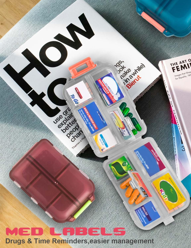 3 Pcs DIY Travel Pill Organizer with Labels Pocket Pharmacy, 3 Pill Box & 420 Medicine Labels, Portable Travel Essentials Mini Pill Container 7 Day Pill Case Storage Vitamin Fish Oil (Set B) Gray + Blue + Red 3 PCS