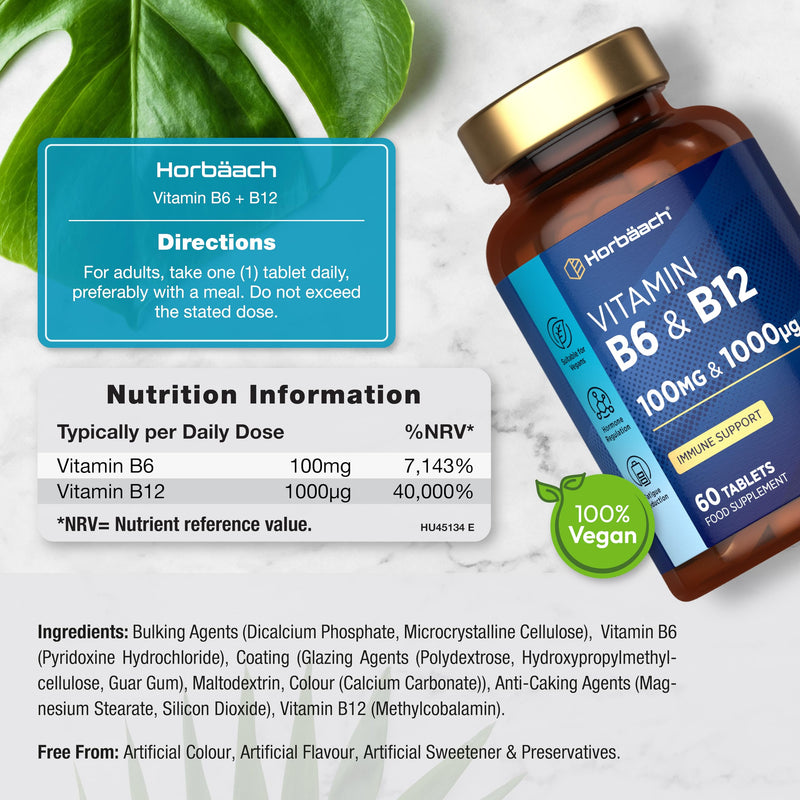 Vitamin B6 and B12 High Strength | 60 Tablets | High Strength Blend with 100mg of Vitamin B6 (Pyridoxine) and 1000ug of Vitamin B12 (Methylcobalamin) | Suitable for Vegans & Vegetarians | By Horbaach