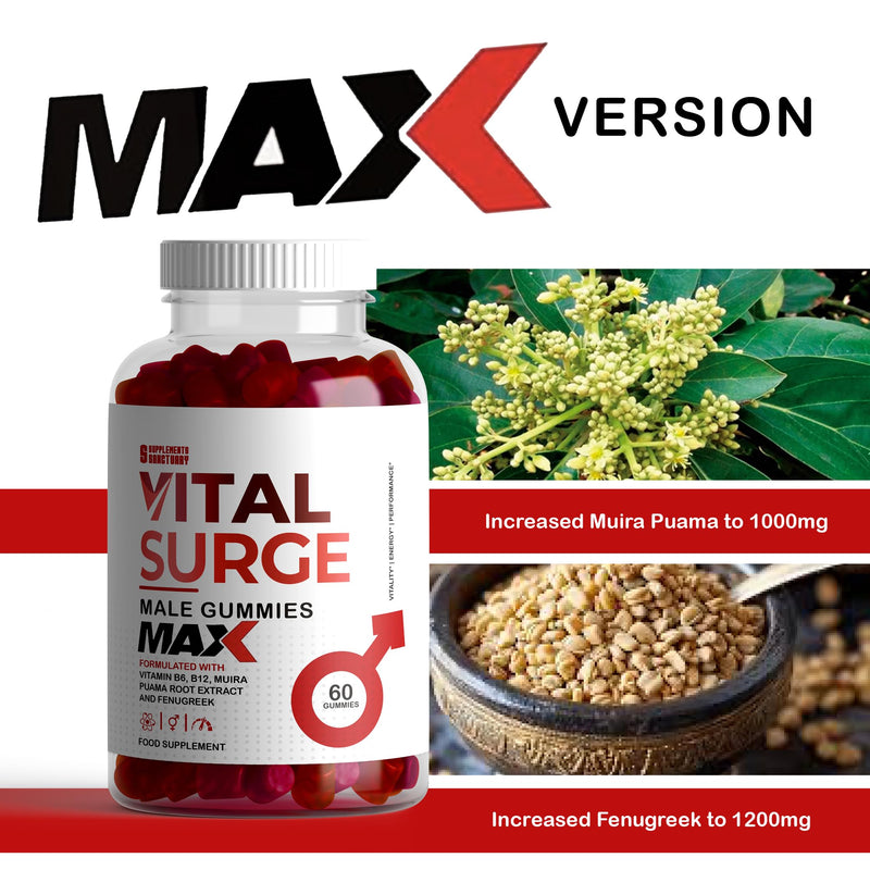 Vital Surge MAX Male Gummies, Maxed Out with Muira Puama and Fenugreek Plus Ashwagandha and Maca, Pack of 60