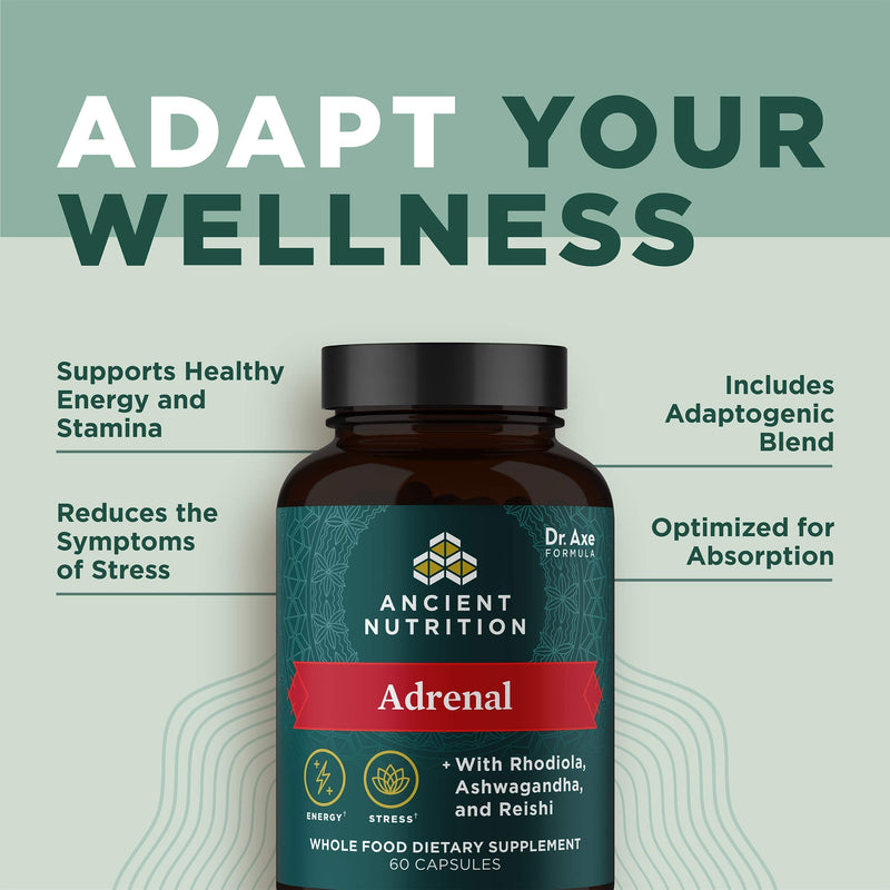 [Australia] - Ancient Nutrition Adrenal Support with Ashwagandha Supplement, Helps Reduce Stress & Fatigue, Paleo and Keto Friendly, Gluten Free, 1300mg, 60 Capsules 
