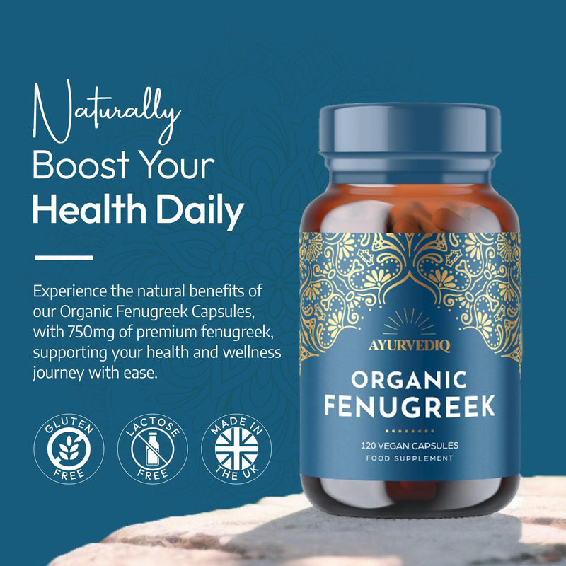 Ayurvediq Organic Fenugreek Capsules - 120 Vegan High Strength Fenugreek Powder Capsules for Lactating Mums, Hormonal & Blood Sugar Balance, Natural Supplements for Digestion 1 count (Pack of 120)