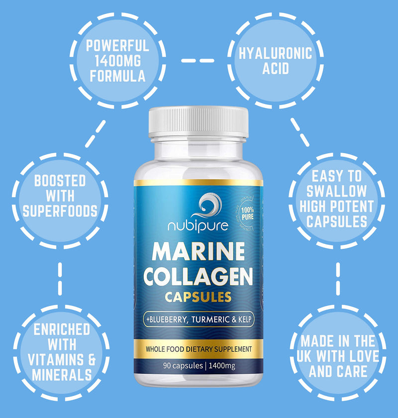 High Strength Marine Collagen 1400MG Tablets - with Turmeric & Kelp - Skin, Hair, Nails & Joints - with Hyaluronic Acid, Blueberry, Biotin, Vitamin C, E, B2, B7 Minerals - Hydrolysed Type 1 90 Capsule