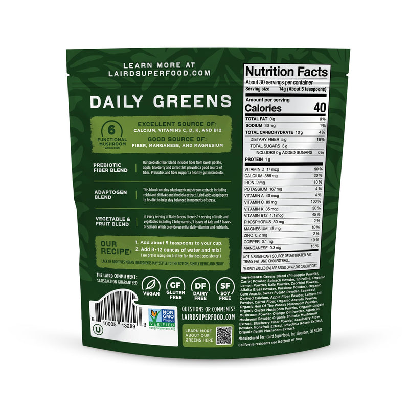 [Australia] - Laird Superfood Prebiotic Daily Greens Powder – Essential Vitamins & Minerals - Prebiotic Fiber, Adaptogen and Fruits & Vegetables – Supports Gut Health – Non-GMO, Vegan - 14.8 oz Bag, Pack of 1 Prebiotic Daily Greens Bulk 