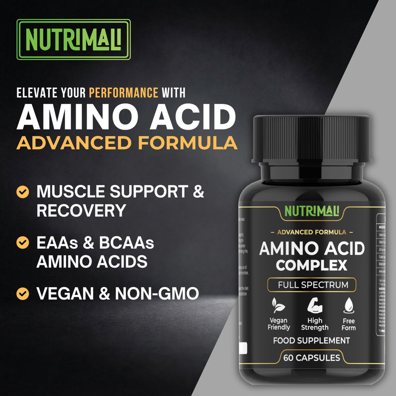Amino Acid Supplements – Full Spectrum All BCAA, EAA + Vitamin C & Botanical Blend – High Strength, Free Form – 60 Vegan Capsules | By NutriMali