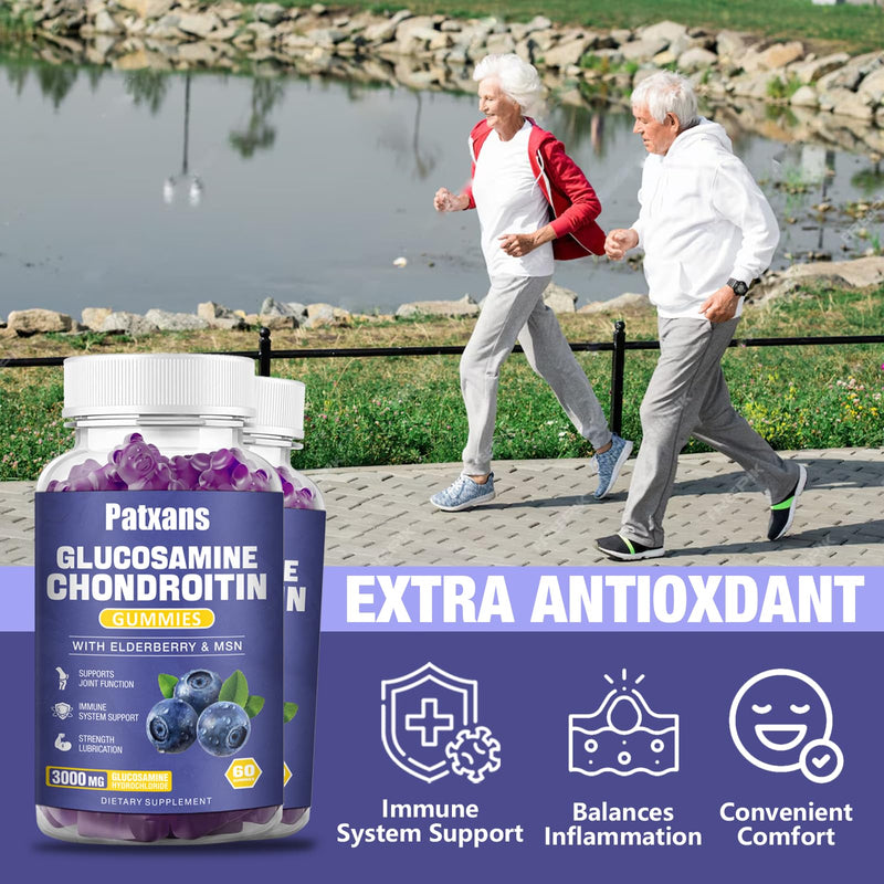 [Australia] - 2 Packs 3000MG Glucosamine Chondroitin Gummies - Extra Strength Joint Health & MSM Elderberry Natural Joint Support Supplement, Flexibility, Antioxidant Immune Support for Adults, 120 Gummies. 60 Count (Pack of 2) 