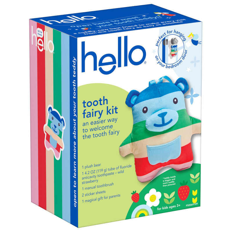 [Australia] - hello Tooth Fairy Kit with Tooth Fairy Door Hanger and Teddy Bear, Includes Full Size Fluoride Kids Strawberry Toothpaste and Kids Toothbrush, for Children Ages 3 and Up 0.84 Ounce (Pack of 5) 