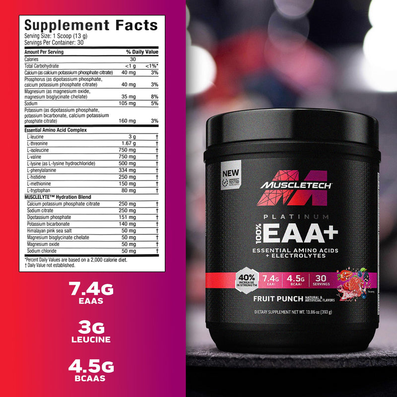 [Australia] - MuscleTech Platinum Essential Amino Acids Supplement with Electrolytes, Fruit Punch - Pre-Workout Powder for Energy, Muscle Growth & Strength Builder - EAA Complex for Men & Women - 30 Servings 