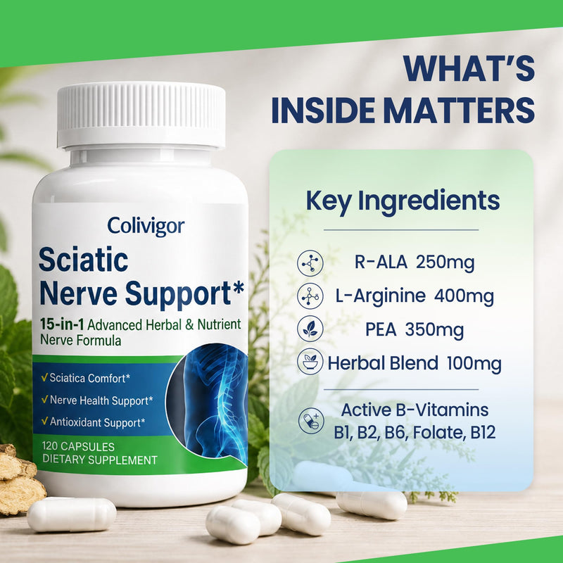 Sciatic Nerve Supplement | 15-in-1 Sciatica Ease Formula with R-Alpha Lipoic Acid, Pea, L-Arginine & B-Vitamins | Antioxidant & Nervous System Health | Vegan, Non-GMO, 120 Capsules
