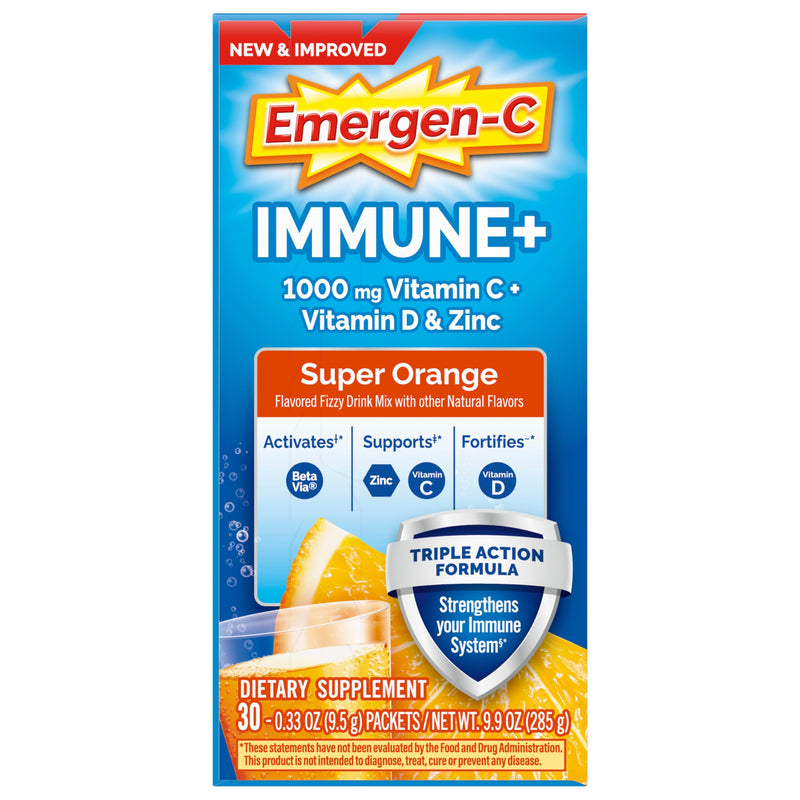 [Australia] - Emergen-C Immune+ Triple Action Immune Support Powder, BetaVia (R), 1000mg Vitamin C, B Vitamins, Vitamin D and Antioxidants, Super Orange, Back to School Essentials ‚Äì 30 Count 