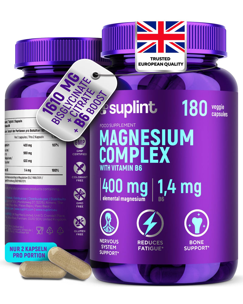 Magnesium Complex 400 mg – Bisglycinate + Citrate with Vitamin B6 – High Strength & Lab Tested – for Nerves, Muscles & Energy – Vegan, No Additives – 180 Capsules 180 count (Pack of 1)