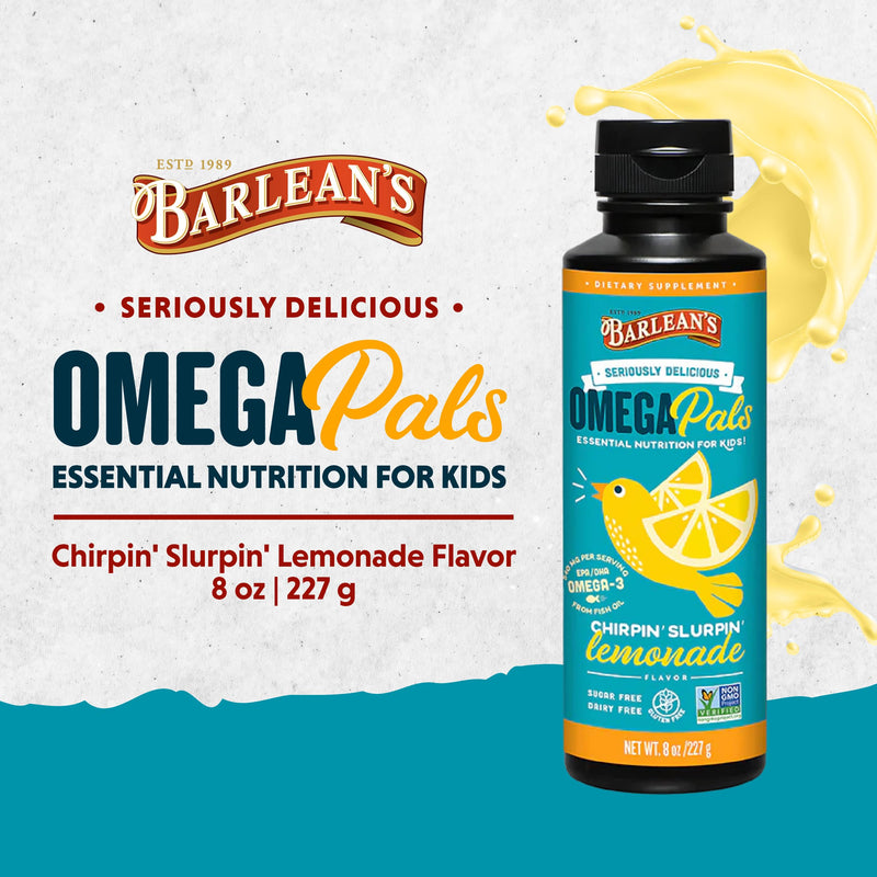 [Australia] - Barlean's Omega Pals Chirpin' Slurpin' Omega 3 for Kids, Yummy Lemonade Flavored Children's Liquid Fish Oil Supplement with 540 mg of EPA & DHA for Brain & Eye Health, 8 oz Chirpin’ Slurpin’ Lemonade 8 Ounce (Pack of 1) 