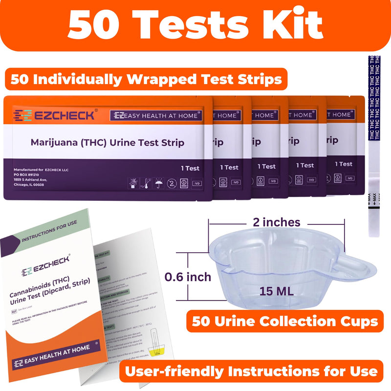 [50 Tests] EZCHECK® Highly Sensitive at Home Marijuana Drug Test Strip, THC Urine Drug Test, Easy Home Drug Test, 50 ng/ml - Fast Result in 5 mins - FSA/HSA Eligible