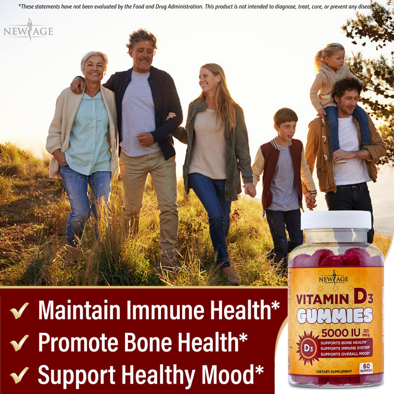 NEW AGE Vitamin D3 5000 IU 125mcg Gummies - Immune Supplement - Non-GMO, Gluten-Free, Dairy-Free, No Gelatin (120 Gummies (Pack of 2)) 120 Gummies (Pack of 2)