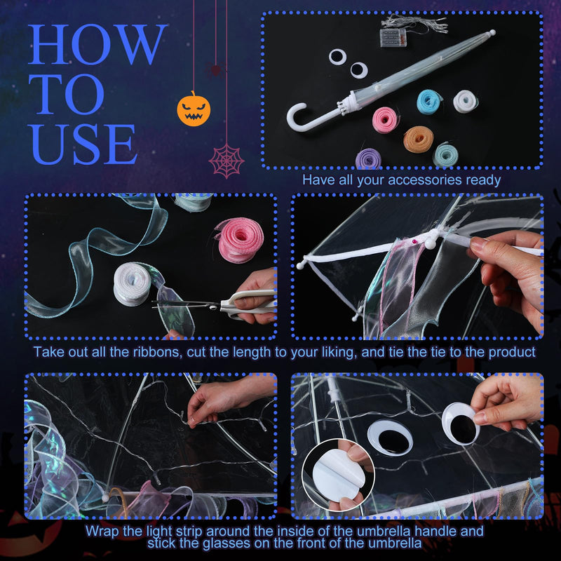 Halloween DIY Jellyfish Costume Set Including Clear Bubble Umbrella Ribbons LED String Lights Eyes and Glue for Halloween Costume Sea Creature Cosplay