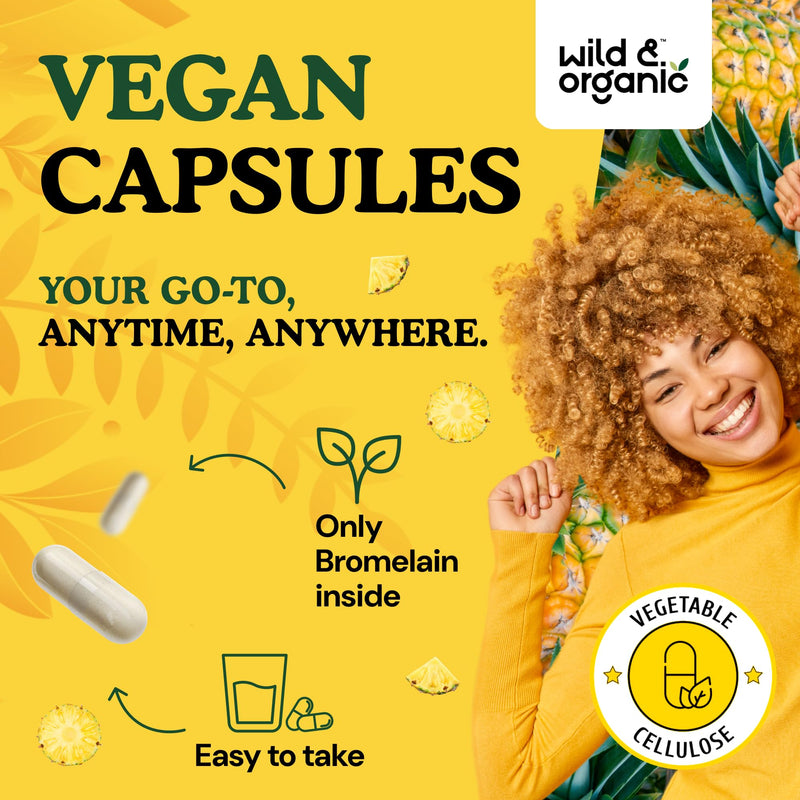 [Australia] - Wild & Organic Bromelain 500 mg Capsules - Digestive Support - Bromelain Powder Supplement - Pineapple Enzyme Source - Vegan, No Fillers, Non-GMO - 60 Count 