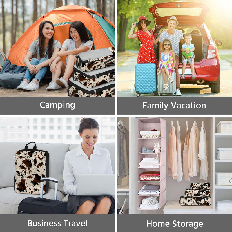 7 Pcs Compression Packing Cubes for Travel, Waterproof Suitcase Luggage Backpack Organizer with Toiletry Bag Travel Essentials for Women/Men-Cow Print Brown-Cow Print