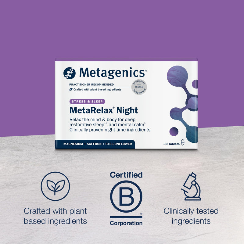 Metagenics MetaRelax Night - Supplement for Bedtime - with Passionflower, Magnesium, Saffron, Zinc & B Vitamins - Vegan - 30 Tablets