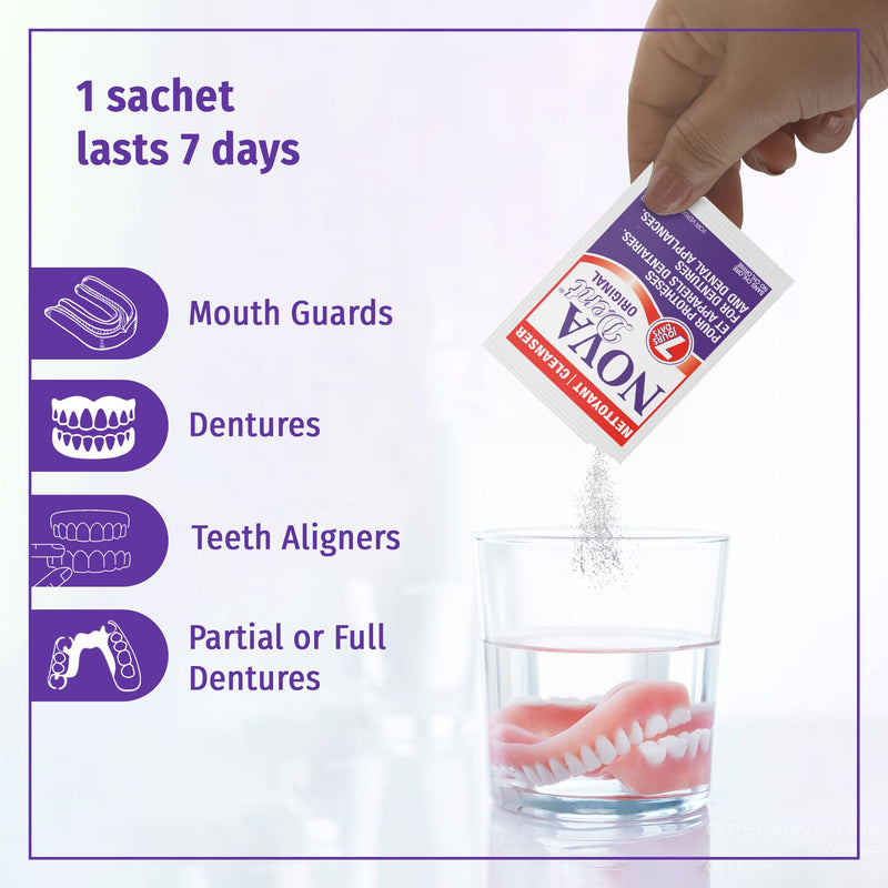 Novadent Dentures Cleaner – for Dental Appliances, Retainers, Trays, Mouth Guards, Teeth Aligners - 3 Months (12 sachets) 12 Count (Pack of 1)