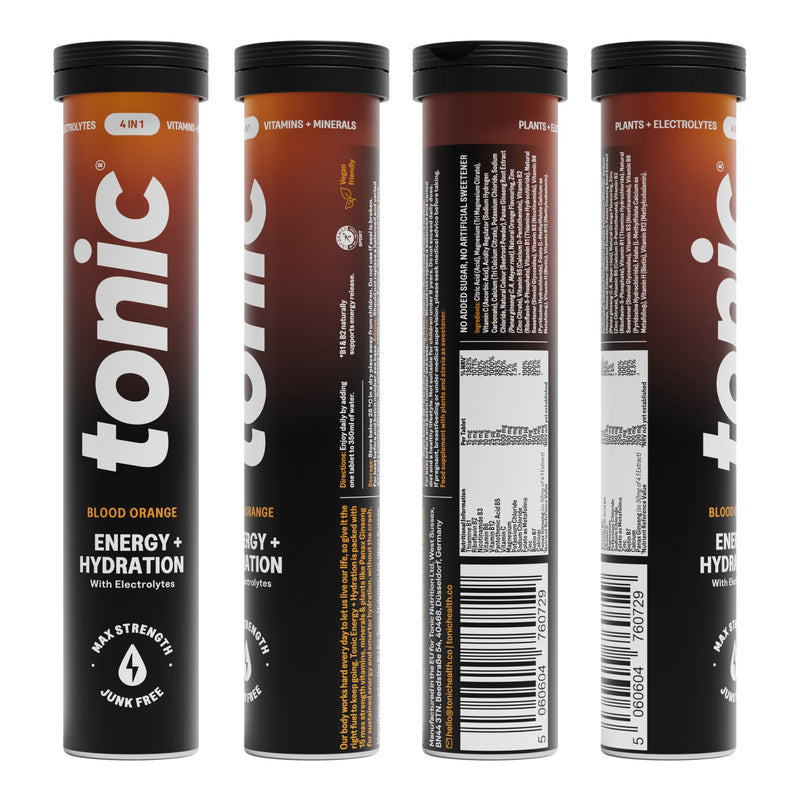 Tonic Health Energy and Hydration Tablets - 15 Vitamins, Minerals, Plants with Panax Ginseng, No Sugar Effervescent Multivitamins - Rehydration Electrolytes Tablets, Blood Orange 60 Count 60 count (Pack of 1)